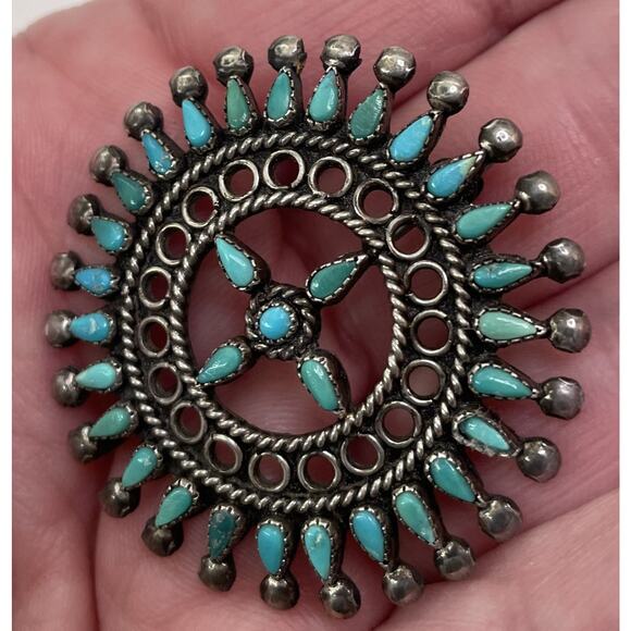 Vintage Zuni Petit Point Silver & Turquoise Brooch Pin Native American Old Pawn - Picture 10 of 11